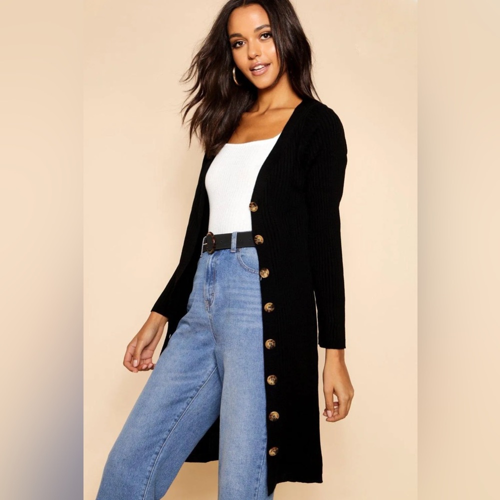 Boohoo Black Long Ribbed Tortoiseshell Button-Front Cardigan Y2K 90s Size Small